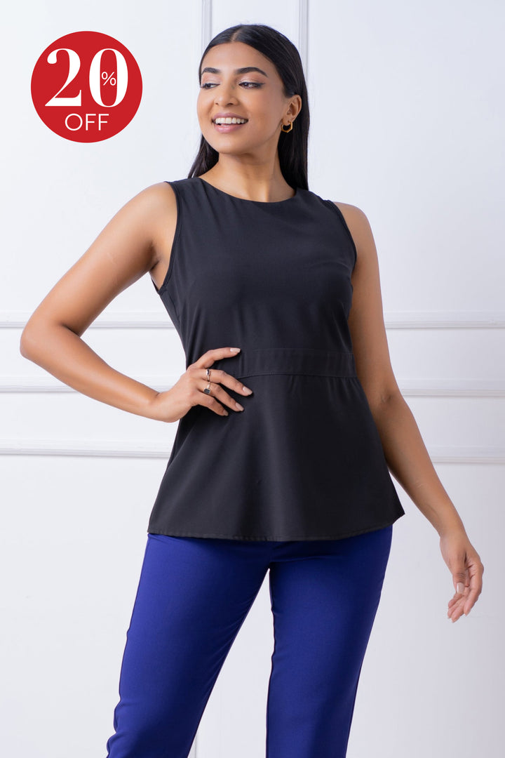 Black Sleeveless Peplum Top- Slim Fit