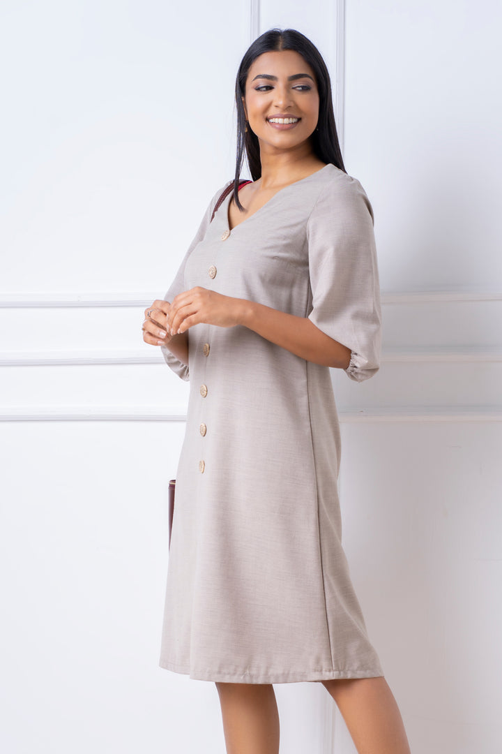 Puff Sleeve Linen Dress - Relaxed Fit, Dress, Everyday Dresses, Holiday, Holiday Dresses, Linen Dresses, Linen Work Wear, Midi Dresses, New Arrivals, Relaxed Fit, Three Quarter Sleeve, V Neck