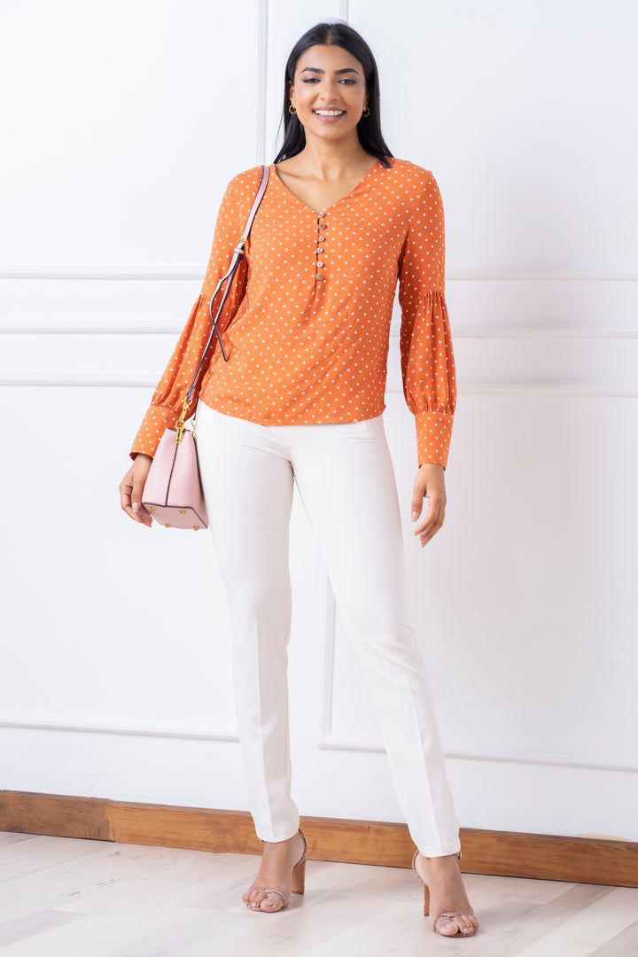 Printed Sleeve Detail V-Neck Top - Relaxed Fit, Top, Long Sleeves, New Arrivals, Relaxed Fit, Smart Casual, Smart Casual Top, V Neck, Work Top, workwear - MONDY, Sri Lankan women's clothing o