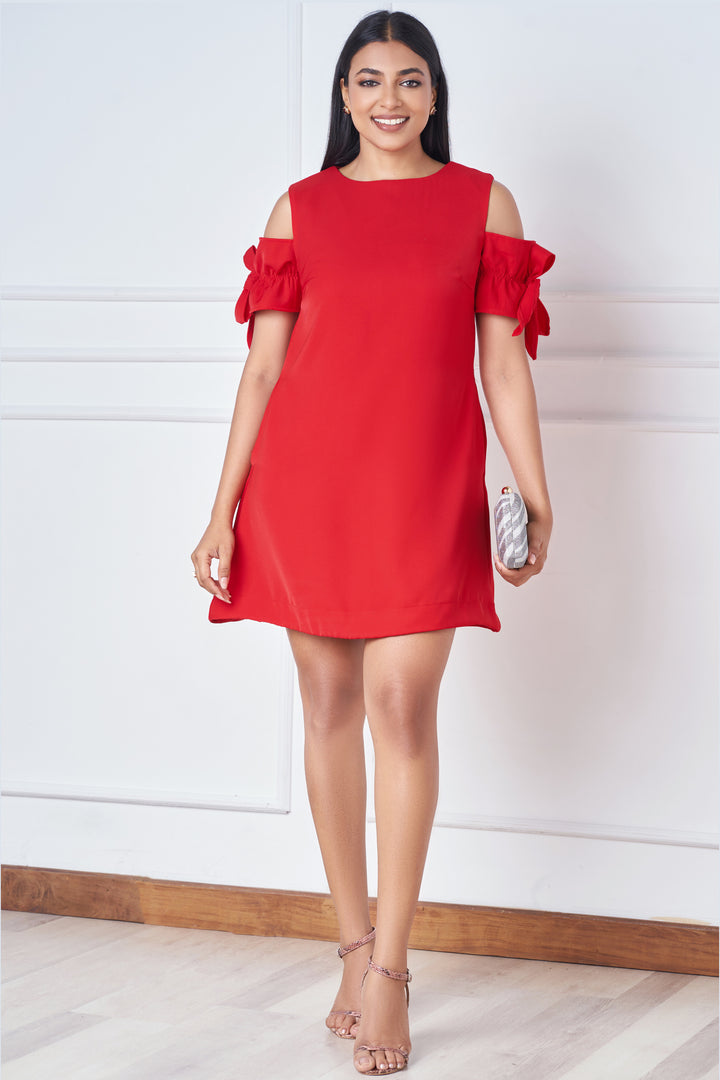 Red Ruched Sleeve Detail Dress - Regular Fit, Dress, Evening Dresses, Evening Wear, mini dress, Mini Dresses, New Arrivals, Regular Fit, Round Neck, SH18, Short Sleeves - MONDY, Sri Lankan wo
