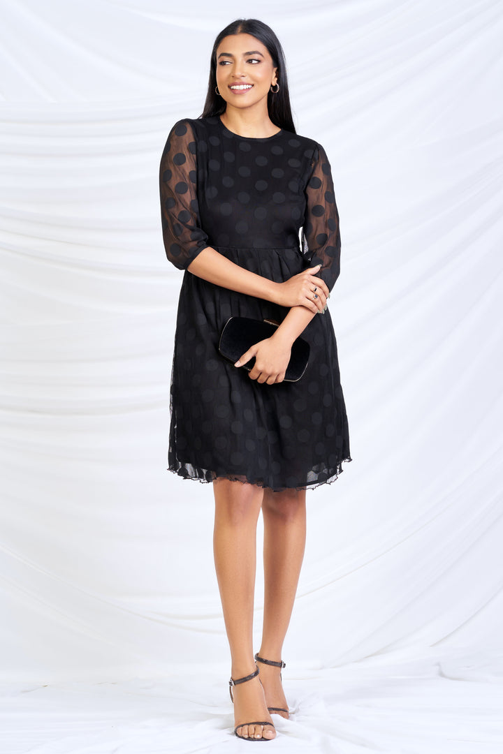 Black Lace Dot Skater Dress - Slim Fit, Dress, Evening Dresses, Evening Wear, New Arrivals, Round Neck, SH20, Slim Fit, Smart Casual, Smart Casual Dress, Three Quarter Sleeve - MONDY, Sri Lan